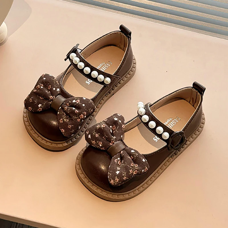 

PU Leather Princess Shoes For Girls Korean Style Pearl Bow Perform Dance Ballet Shoes Soft-soled Anti-slippery Girl's Shoes