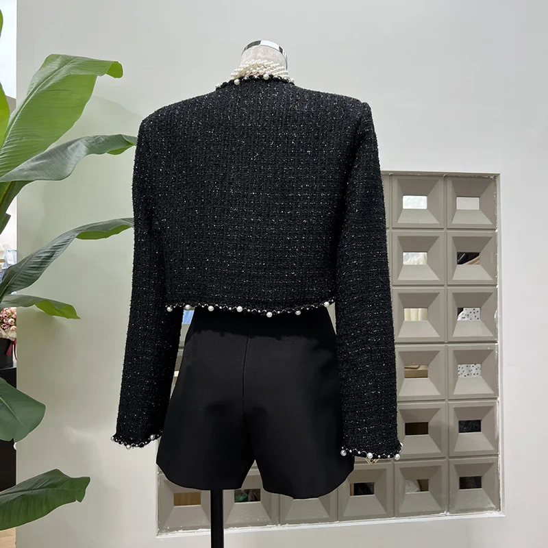 KBQ Solid Three Piece Sets for Women Round Collar Long Sleeve Coats Sexy Vest High Waist Spliced Button Shorts Luxury Set Female