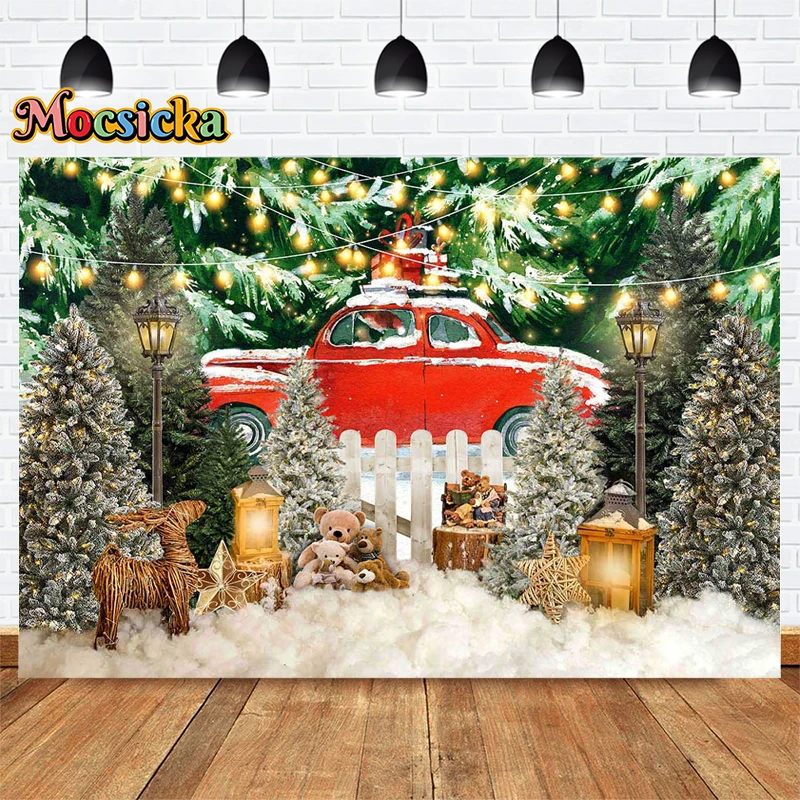 Mocsicka fondo de fotografía, decoración de nieve, árbol de Navidad, invierno, lindo, cumpleaños de niños, Banner de foto familiar, utilería de estudio