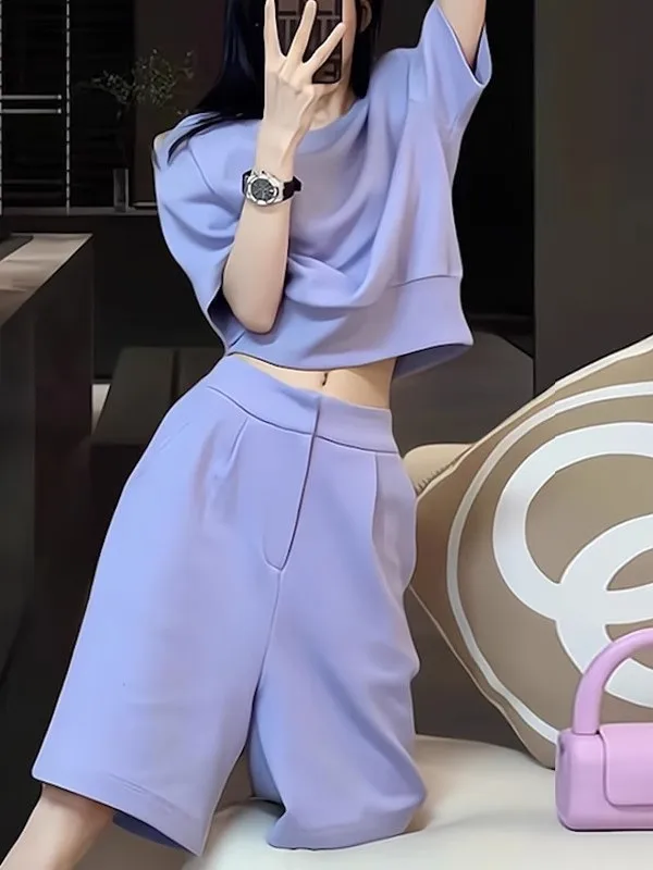 

High-End Casual Fashion Set Women's Summer Slimming Purple Short Sleeve Top Mid-Length Pants Two-Piece Set Elegant Trendy
