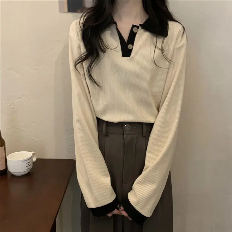 Autumn Color Blocking Plush Thickening Top Women Interior Lapping New Long Sleeve Personality Polo Collar All-match Sweaters