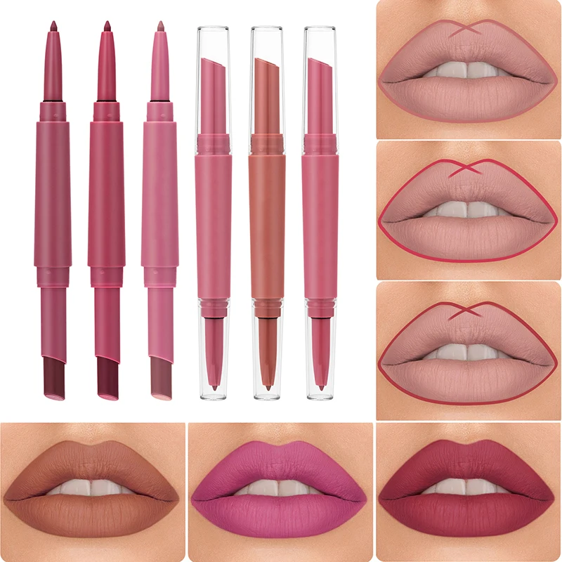 Cabeça dupla Matte Lipstick Lipliner, copo antiaderente, durável, decolorizing, natural, tridimensional, 6 cores