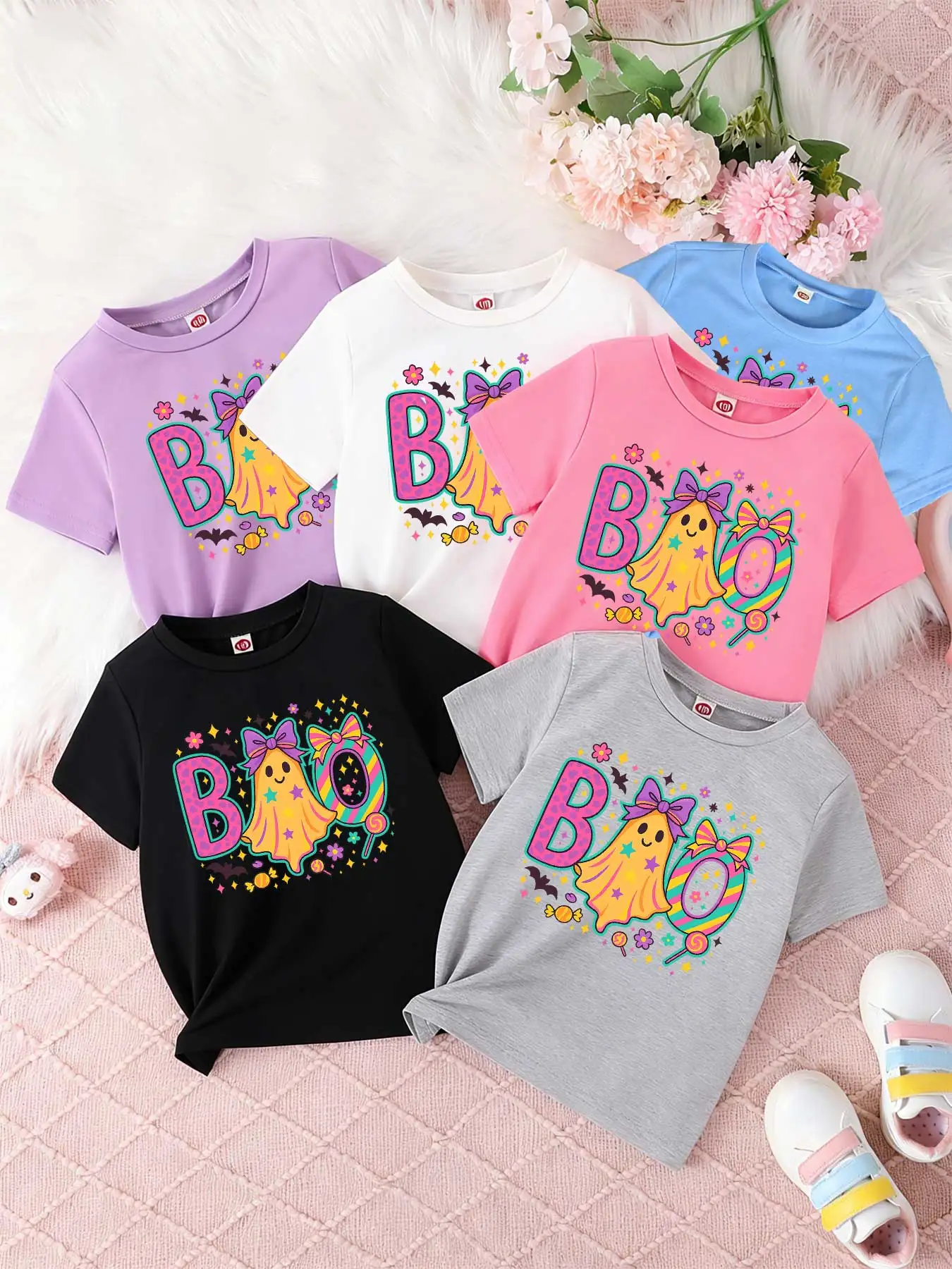 Camisetas de manga corta para niños y niñas, holgadas y transpirables, lindos fantasmas de Halloween, fantasmas coloridos, boo halloween