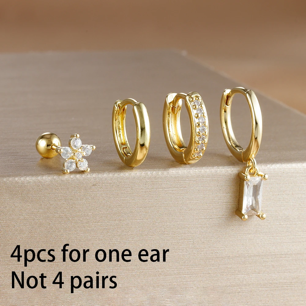 Cubic Oxygen Zircon Flower Earrings 4pcs INS Korean Hot New Sales Round Hoop Earrings Set For Women Girls Piercing Jewelry