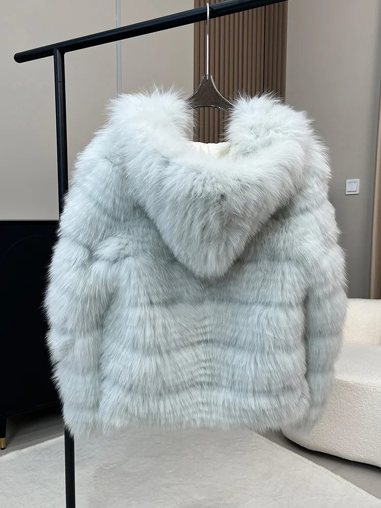 Giacca invernale da donna in pelliccia di volpe naturale con striscia di pelliccia cucita stile Toghter caldo spesso giacca casual con cappuccio cappotto caldo capispalla