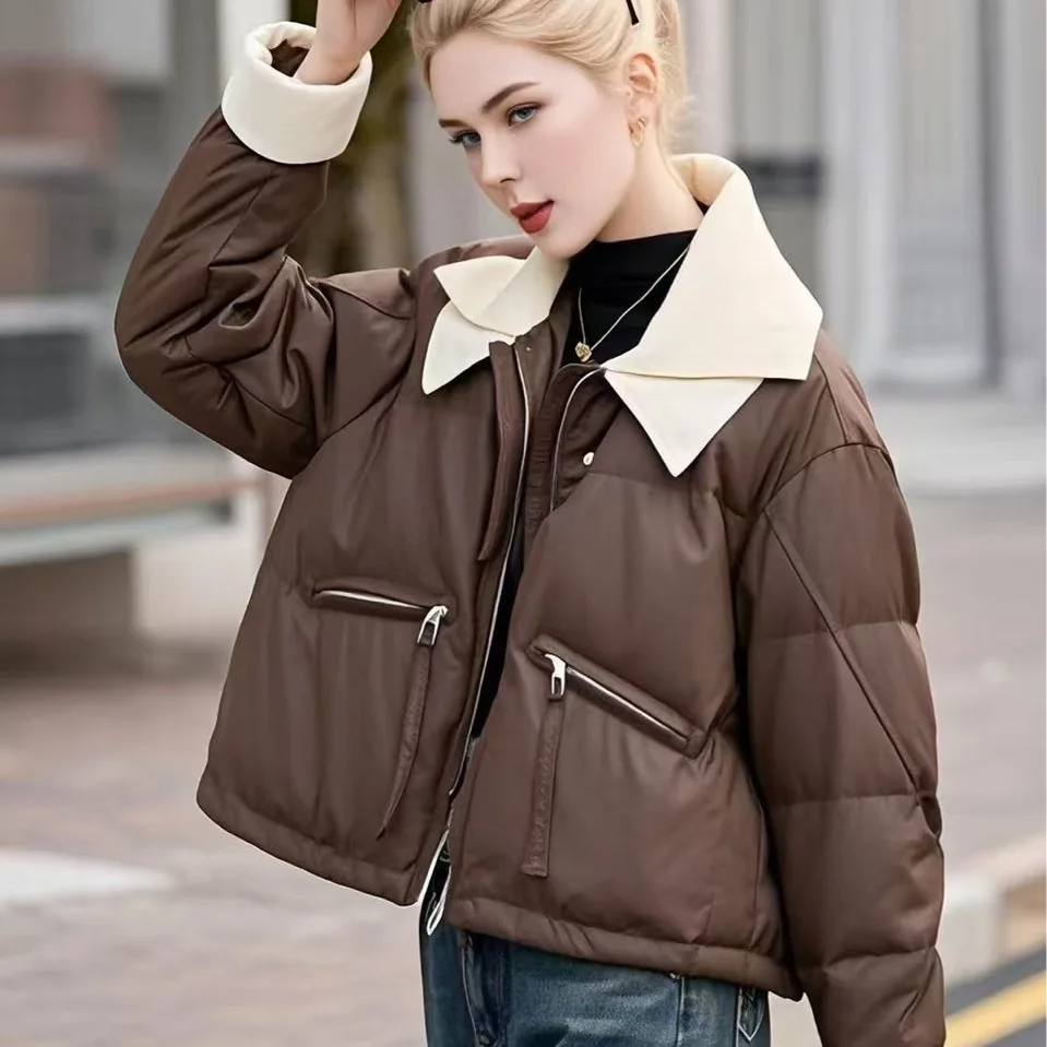 2025 Winter New Fashion Women's Contrast Color Turn-down Collar Long Sleeve Casual Trendy Simple Basic Quilted Coats Female Tops
