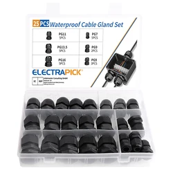 ELECTRAPICK 25pcs Waterproof Cable Gland Nylon Joints Plastic Black Cable Glands Connector PG7 PG9 PG11 PG13.5 PG16