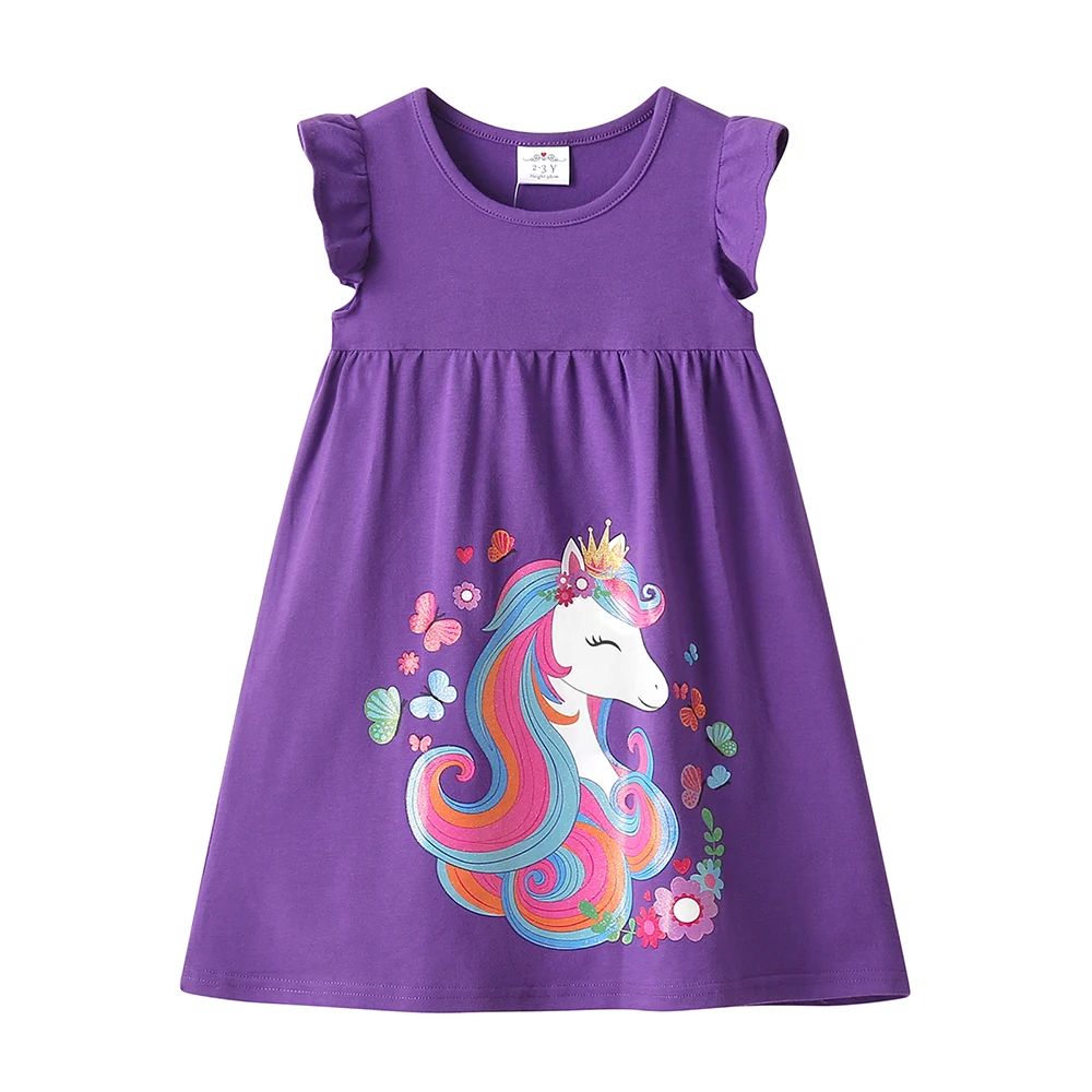 DXTON Summer Children's Straight Dress Fly Sleeve Kids Cotton Sundress Uincorn Flower Printed Vacation Kids Girls Casual Dresses