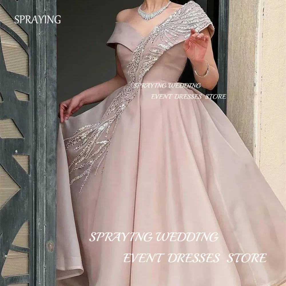 SPRAYING Women Sequined V-Neck Ankle-Length wedding dresses Chiffon Off the Shoulder Pleat Bridal Dress