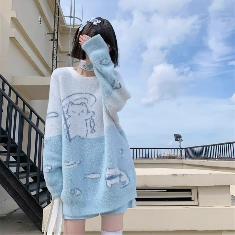 Japanische Y2k Ästhetische Kawaii Katze Jacquard Pullover Kawaii Casual Kontrast Farbe Pullover 2024 Alle Spiel Gestrickte Frauen Pullover