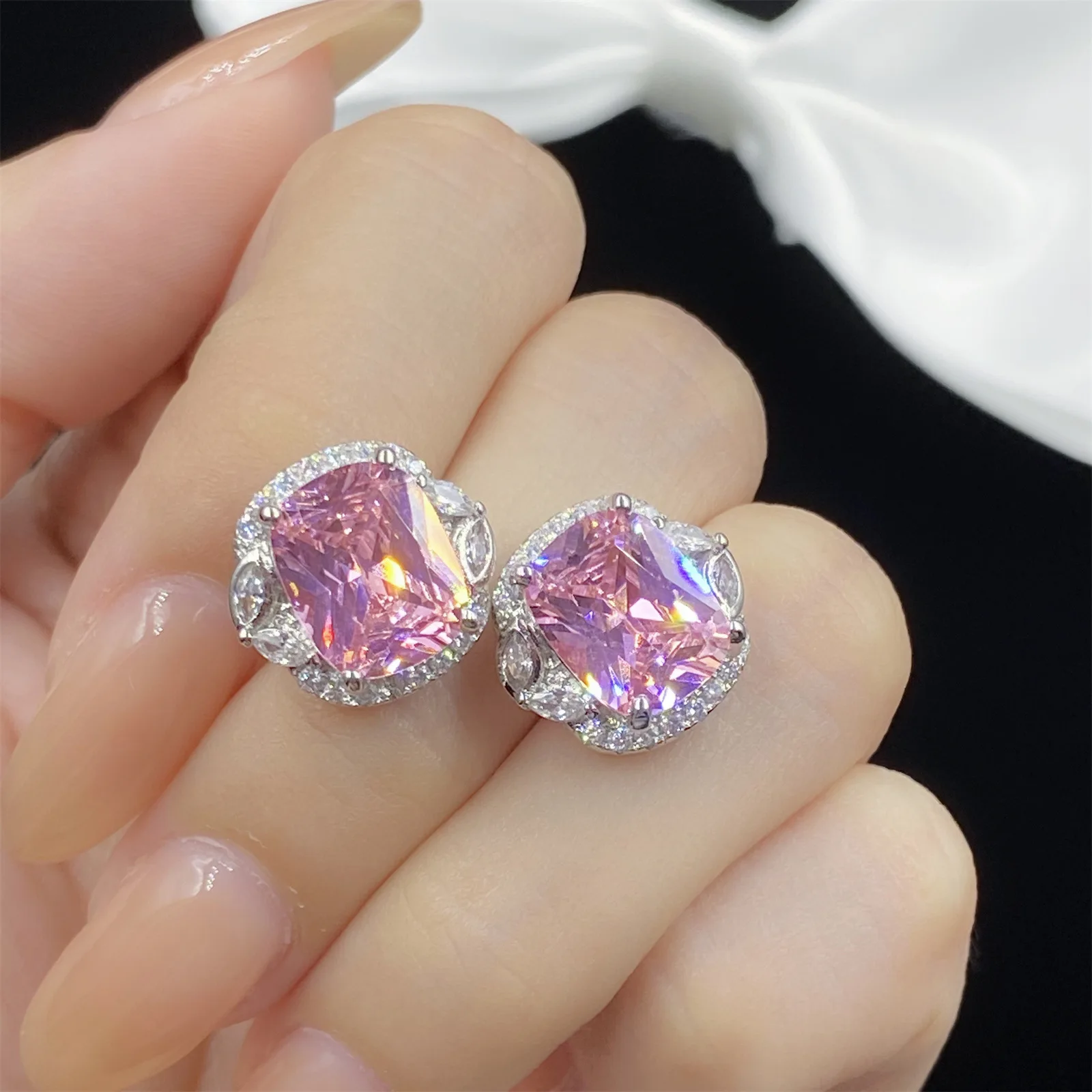 Women's Luxury Pink 925 Silver Zircon Statement Necklace Ring Earring Set