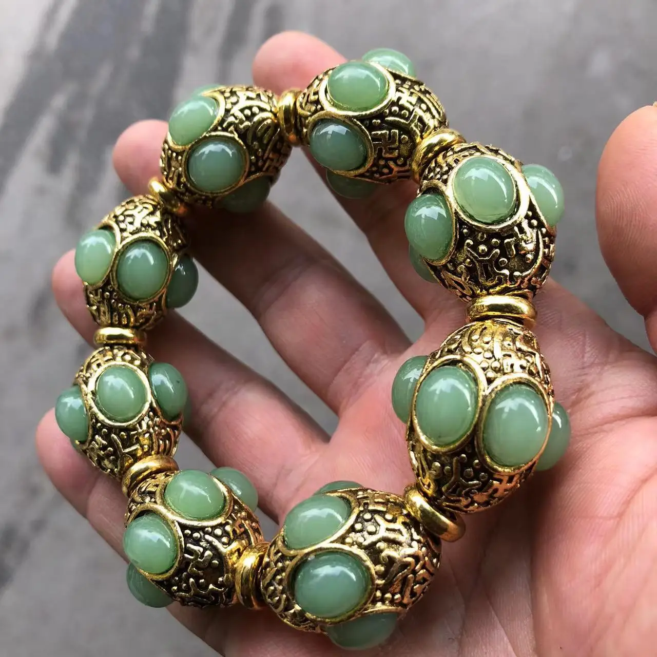 Vintage Bronze Inlaid Green Jade Bead Bracelet Chinese Retro Ethnic Lucky Healing Stone Bangle Men Women Antique Jewelry Gift view 3