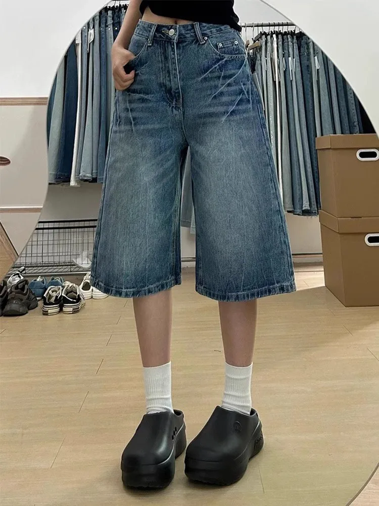 Lose hohe Taille blau American Sle Seven-Five Denim Hosen Damen Herbst Plus Size gerades Bein weites Bein mittlere Hosen