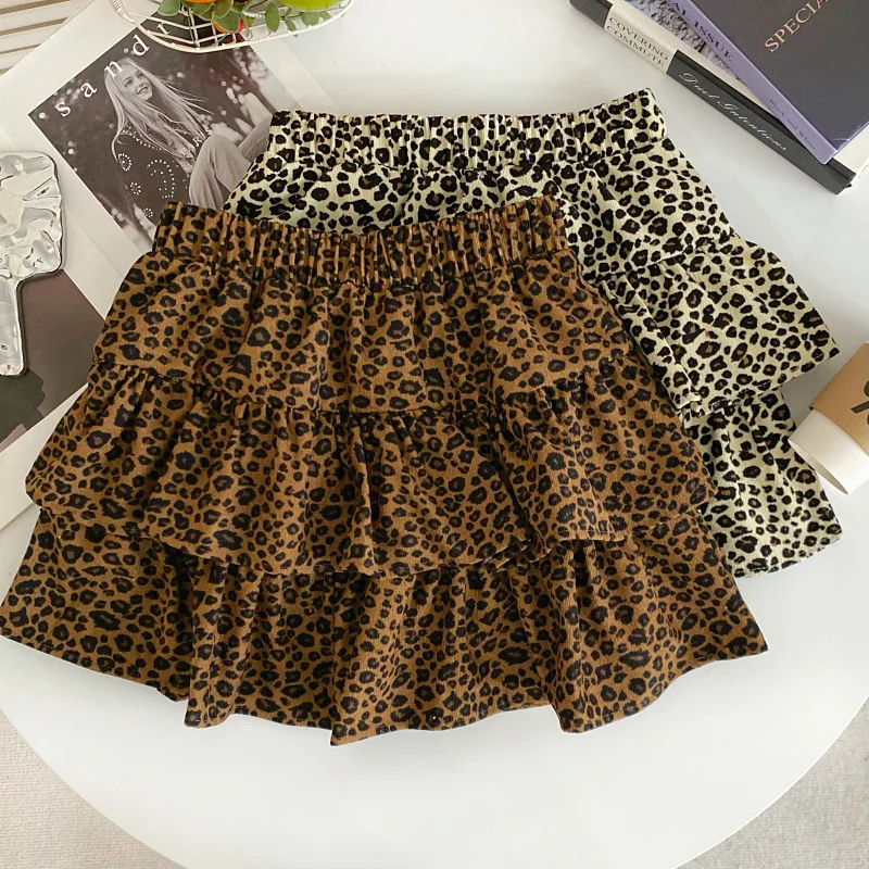 

Вельветовая юбка-трапеция с леопардовым принтом, женская, в стиле ретро, милая, облегающая, с высокой талией, корейский стиль, для повседневной носки