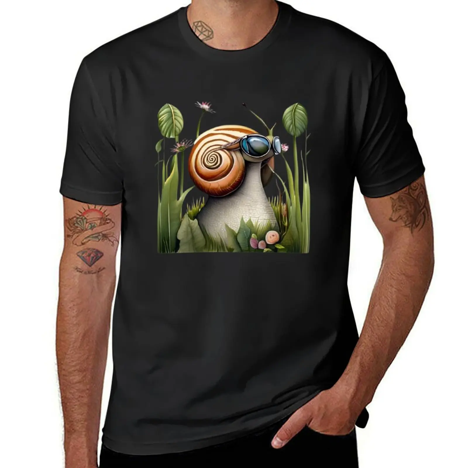 A fast snail in sunglasses on a morning jog in a spring meadow. T-Shirt blacks sublime men t shirt