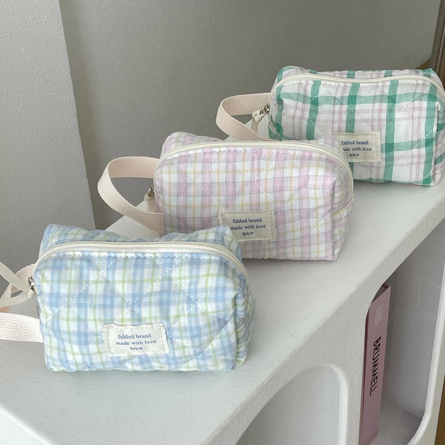 Retro Plaid Ladies Storage Bags Quilted Cotton College Girls Pencil Case Women\'s Cosmetic Bag Simple Female Small Purse Handbags