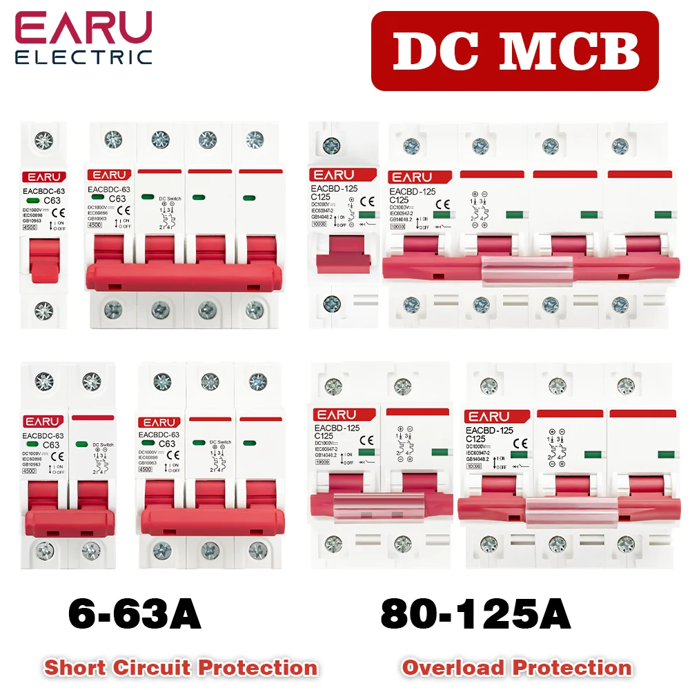 DC 1000V 1P 2P 3P 4P Solar Mini Circuit Breaker Overload Protection Switch6A~63A/80A 100A 125A MCB for Photovoltaic PV System