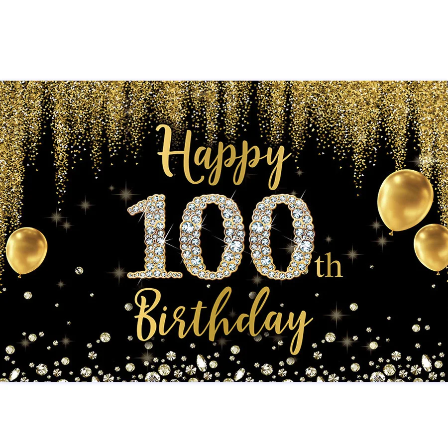 100th Birthday Backdrop Black and Gold 100 Birthday Background Decorations for Men or Women 100 Years Old Party Supplies