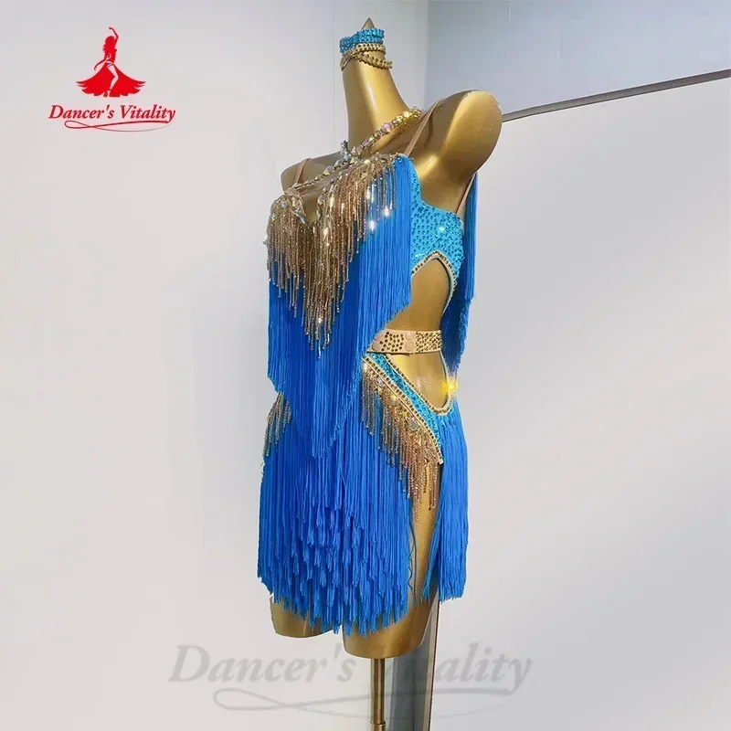 Latin Dance Fringe Dresses Women's Customized Luxury Rhinestone Backless Dress Adult Children Tango Samba Competition Outfit