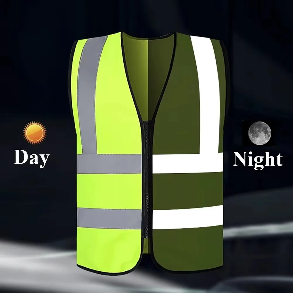 Durable High Visibility Safety Vest Front Reflective Strips Zipper Workwear Uniforms Working Clothes Night Work