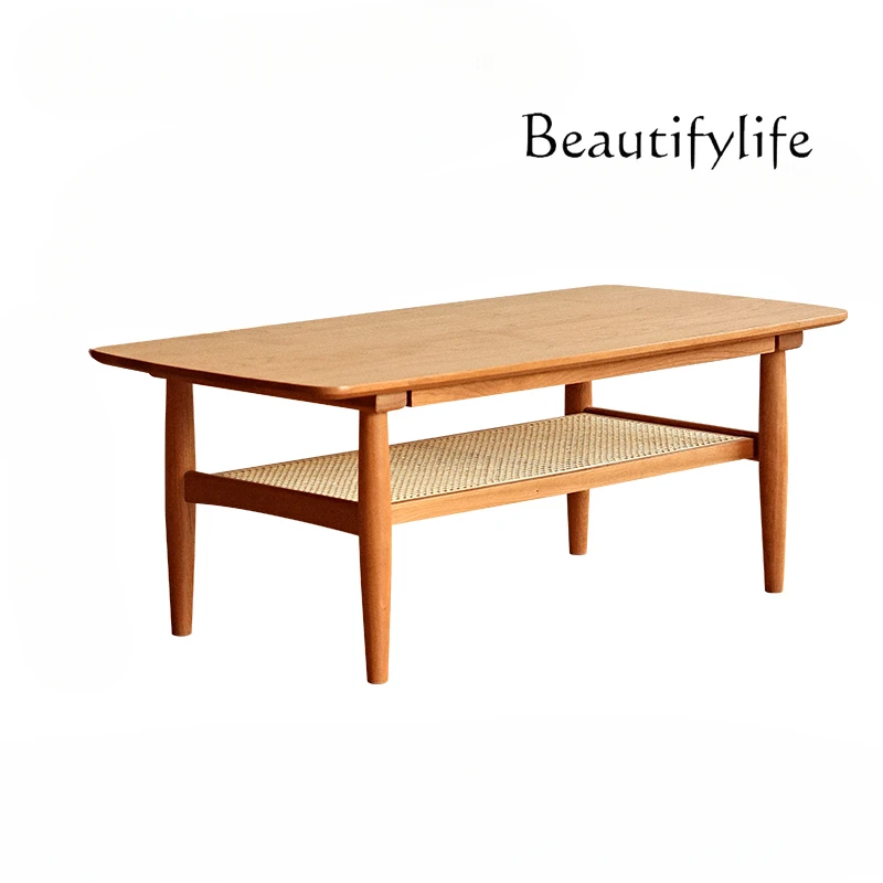 

Nordic Cherrywood Rattan Tea Table Double-Layer Solid Wood Household Minimalist Living Room Japanese Log Tea Table