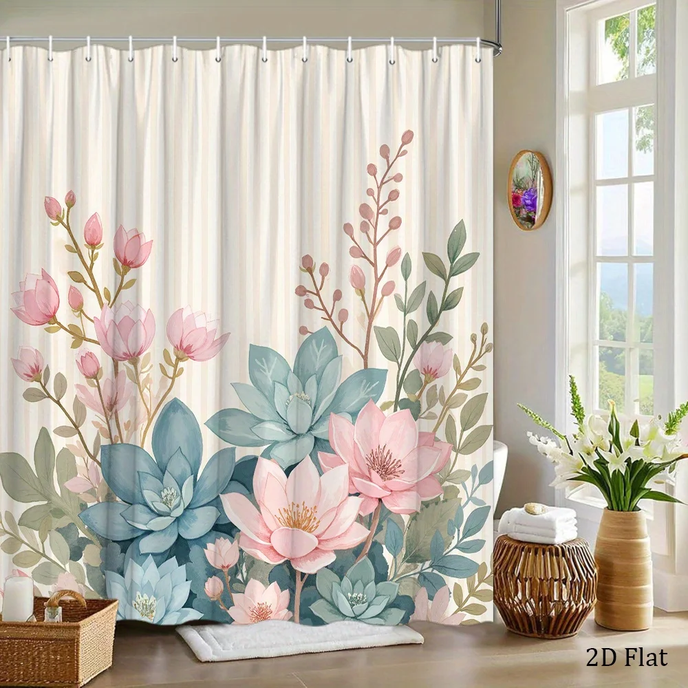 soft floral and succulent shower curtain with pastel pink blooms for elegant bathroom decor gentle botanical art style