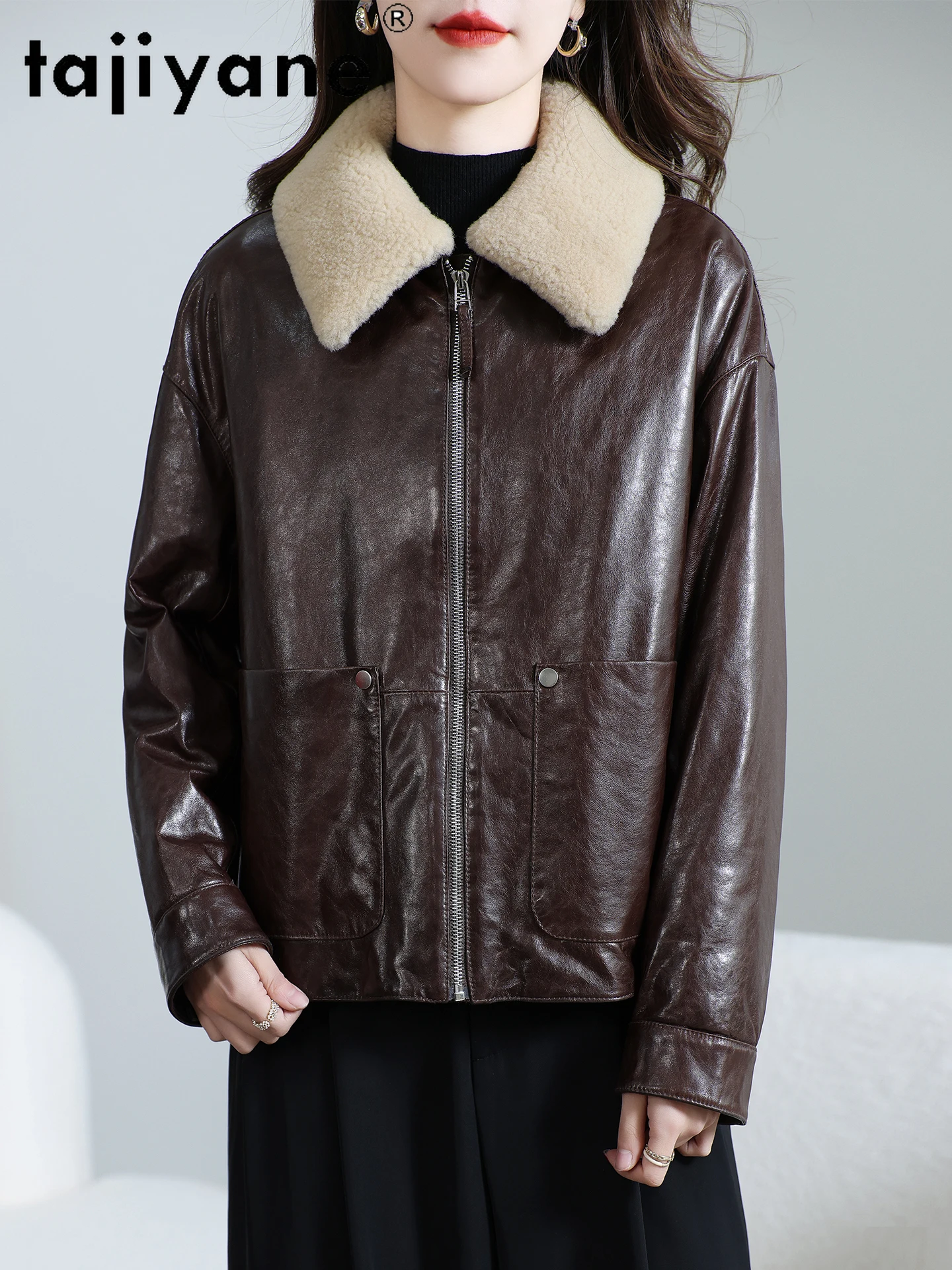 TAJIYANE Płaszcz z prawdziwej skóry owczej z puchem gęsim, damska krótka kurtka puchowa ze skóry naturalnej z wełnianym kołnierzem, odzież zimowa 2025