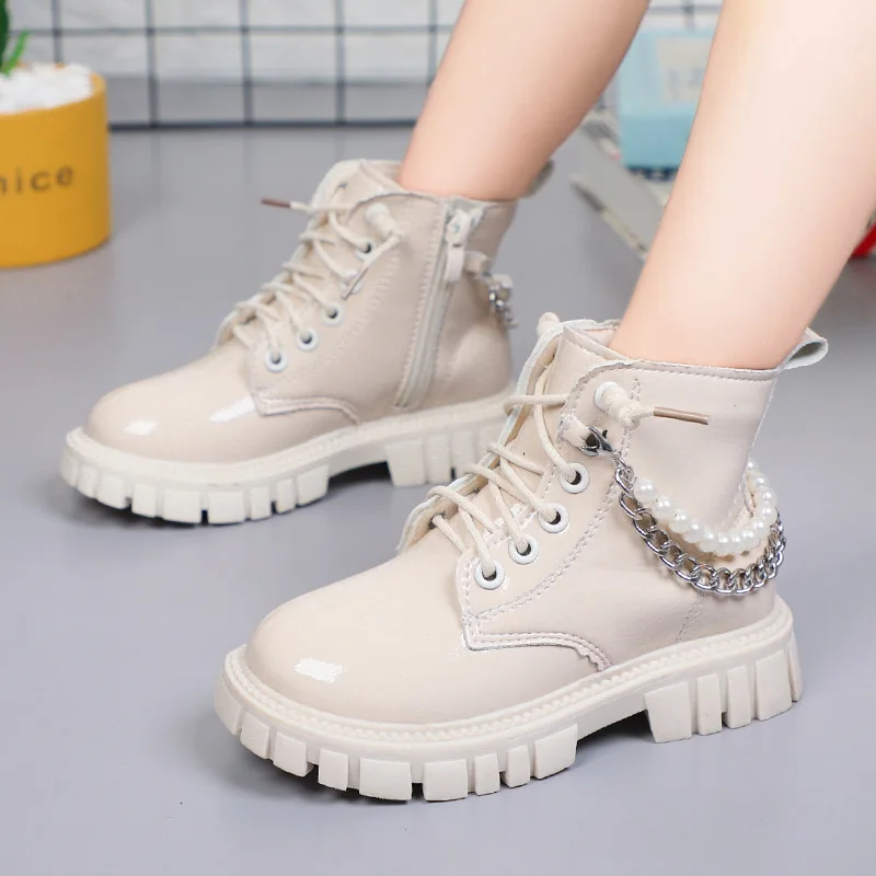 Girls' Boots New Spring and Autumn Children's Boots Pearl Chain Princess Shoes Soft-soled Black Boots Tide