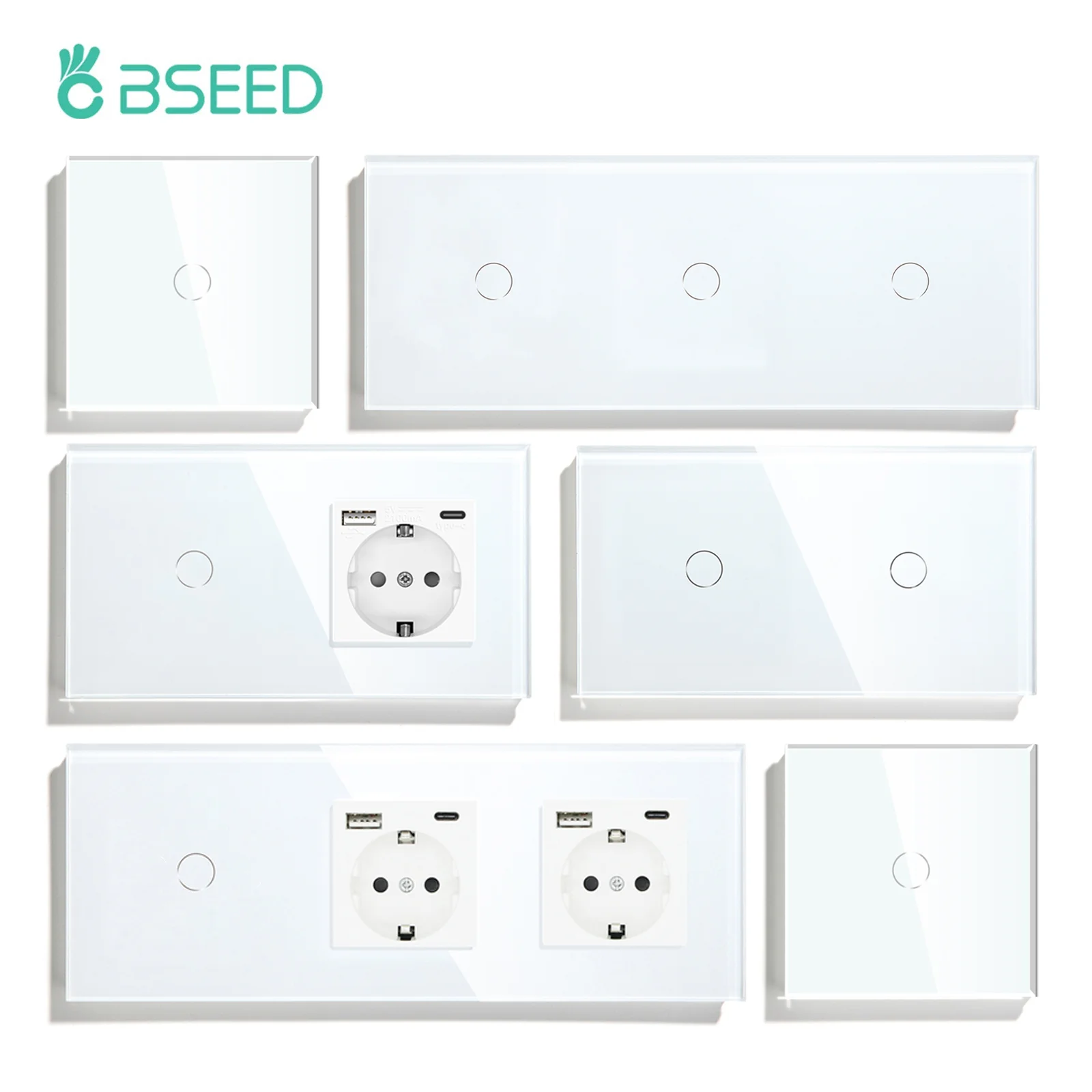 BSEED 1/2/3Gang Touch Switch 1Way Light Switches EU Wall Socket USB Type-c Electric Sockets Glass Panel Blue Backlight