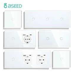 BSEED 1/2/3Gang Touch Switch 1Way Light Switches EU Wall Socket USB Type-c Electric Sockets Glass Panel Blue Backlight