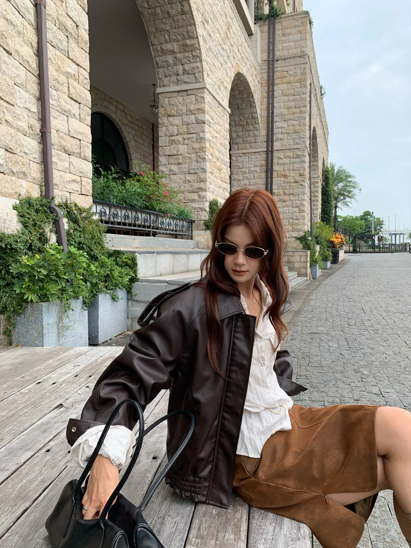 【MAR】Women Vintage Maillard High Waist Straight Split PU Leather Skirt