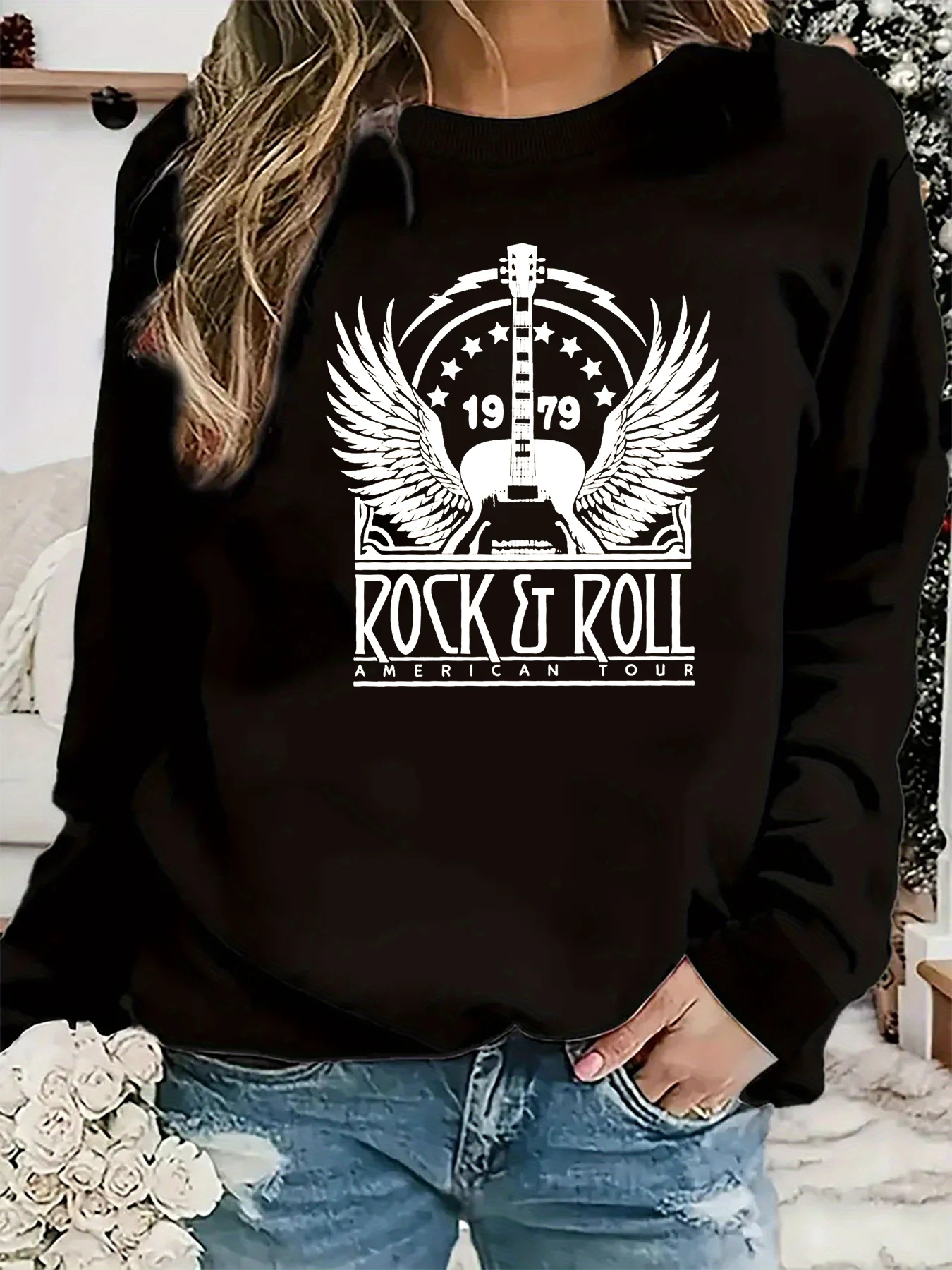 Jersey informal holgado y cómodo con estampado de ROCK ROLL para mujer, jersey de manga larga con cuello redondo, otoño e invierno