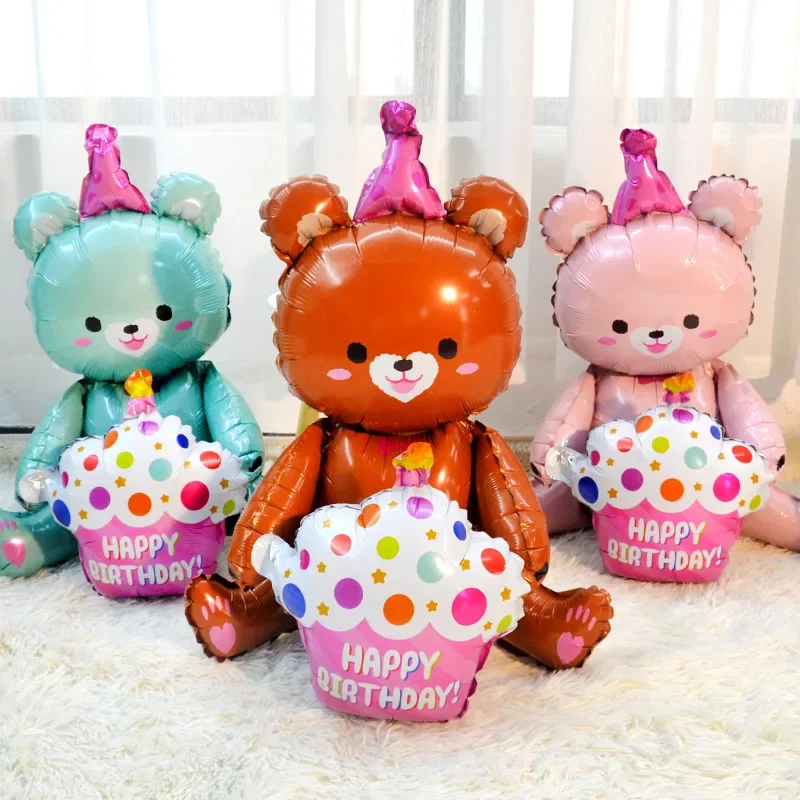 Duże balony na tort urodzinowy 3-warstwowa kolorowa świeca Cartoon Bear Cake Balon z folii aluminiowej do dekoracji przyjęć Baby Shower