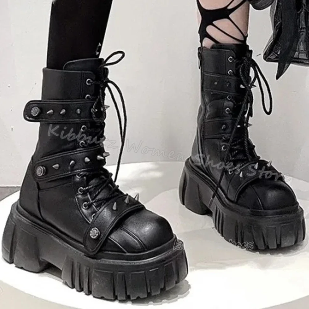 

Rivets Gothic Ankle Boots Platform Punk Rock Lace-Up Genuine Leather Solid Color Fashion Sexy Concise Women Shoes Round Toe New