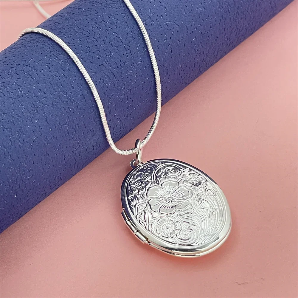 925 Silver Snake Necklace Oval Photo Frame Pendant, Suitable For Men And Women To Wear Daily