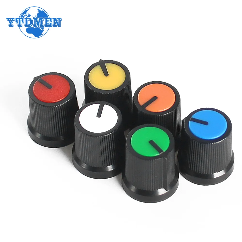 30pcs/6color WH148 Potentiometer Knob Cap(copper Core) 15x15MM 6mm Hole AG3 Yellow Orange Blue White Red Green 6color*5PCS=30PCS