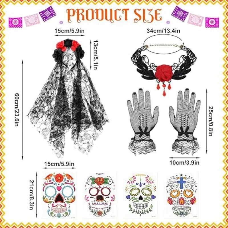 SUIT Halloween Dark Ghost Festival Ghost Bride COS Set Rose Headcloth Mesh Gloves Necklace Tattoo Sticker Fan Dress Up