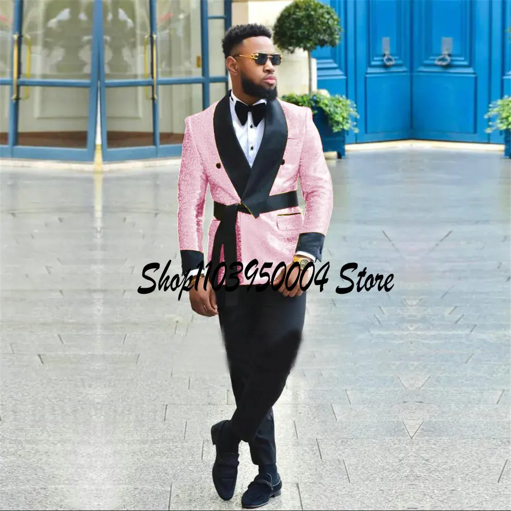 

Men's Suit Two Piece Wedding Tuxedos Groom Party Double Breasted Jacket Pants Belt Formal Shiny Pink Best Man Blazer Sets