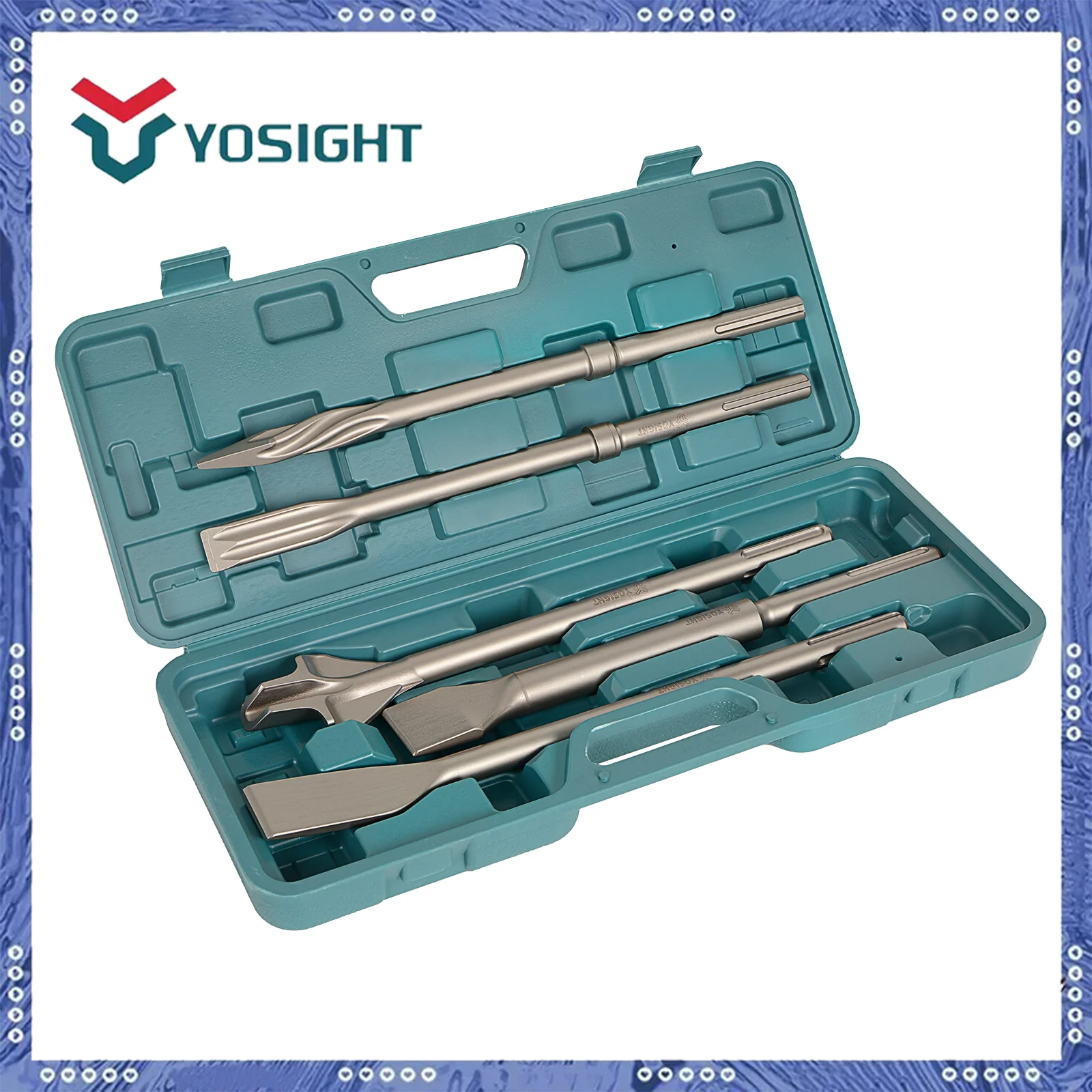 5PCS SDS Max Hammer Chisel Set - Bent Neck, Flat, Winged Grooving, Spiral & Grooved Chisels for Concrete & Masonry