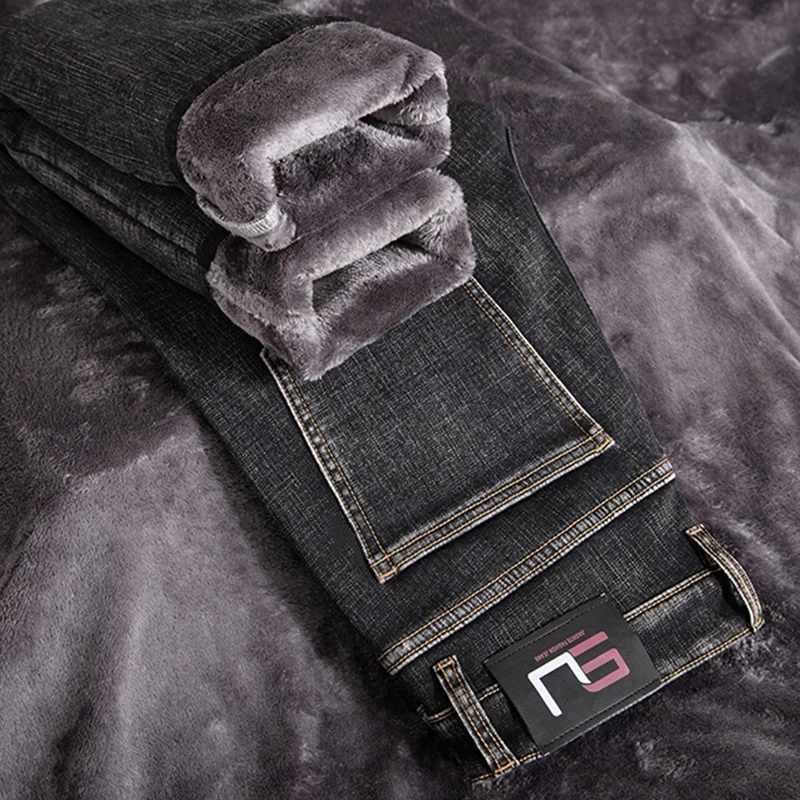 2026 Winter New Fleece Thick Cold-Resistant Warmth Men's Slim Straight Cotton Stretch Jeans Classic Retro Business Casual Pants