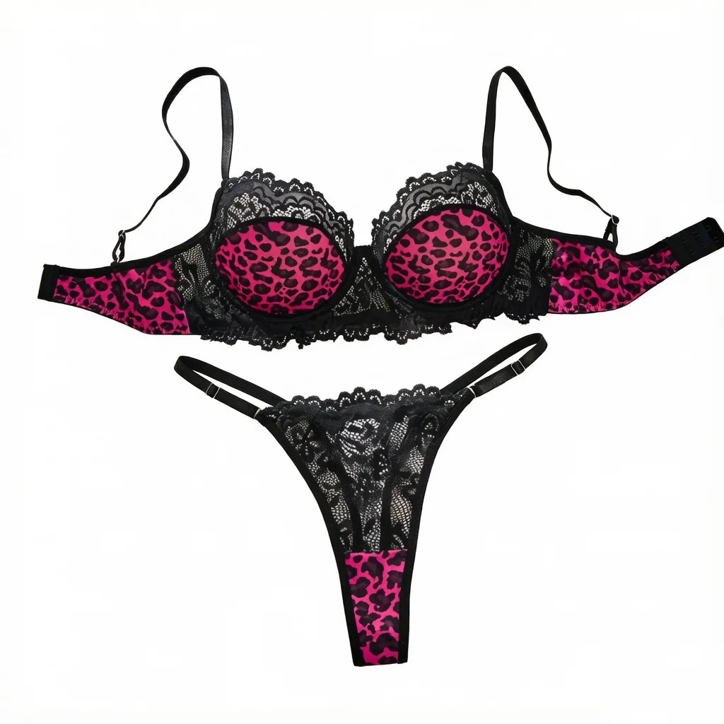 Hot Pink Leopard Print Lace Lingerie Set Underwire Bra With Matching Thong Women Sexy Intimates ZA825182
