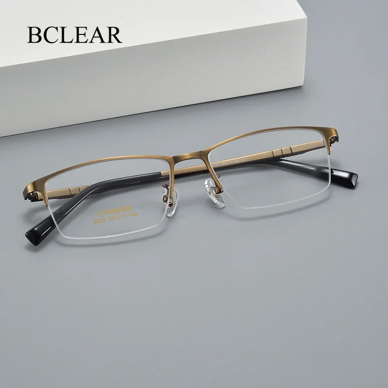 

BCLEAR Men Pure Titanium Optical Glasses Frame Fashion Male Square Eyewear Ultralight Metal Non-Prescription Half Rim Eyeglasses