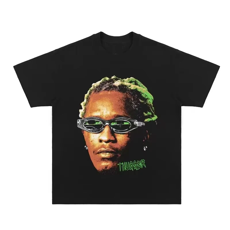 

Футболка с изображением ретро-репера и красными волосами T-Thugger Face, повседневная хлопковая футболка с цифровым принтом, модная уличная мужская одежда в стиле хип-хоп