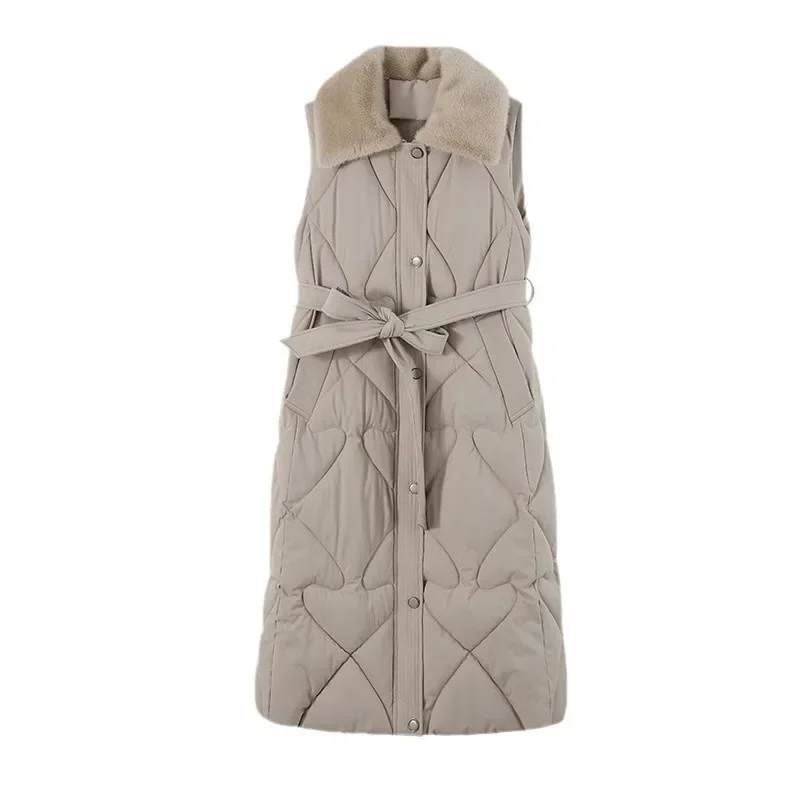 Winter Vrouwen Nieuwe Lange Mouwloze Katoenen Jas Vrouwelijke Bont Revers Thiken Warm Vest Jassen Vrouwen Taille Afslanken Vest Jas 2025
