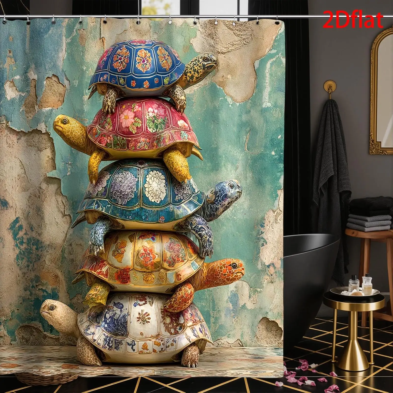Artistic Bohemian Stacked Turtles Shower Curtain Waterproof Bathroom Decor Tropical Pond Life Polyester Print Curtain