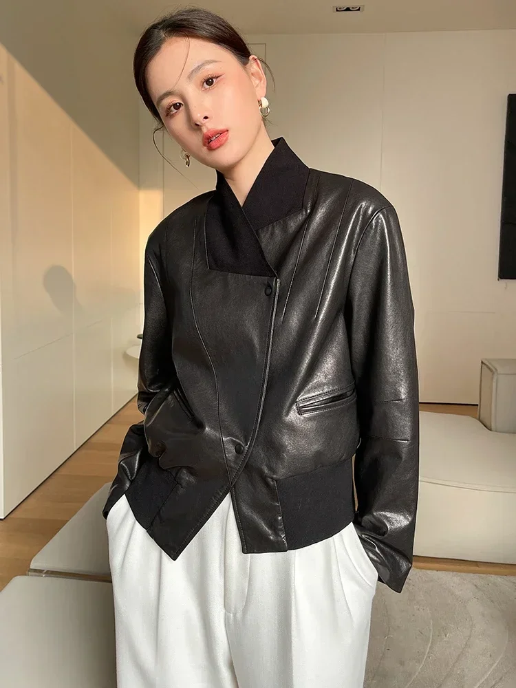 

Casual Short Genuine Leather Jackets for Women Simple Irregular Patchwork Stand Collar Design Soft Black Real Sheepskin Coat
