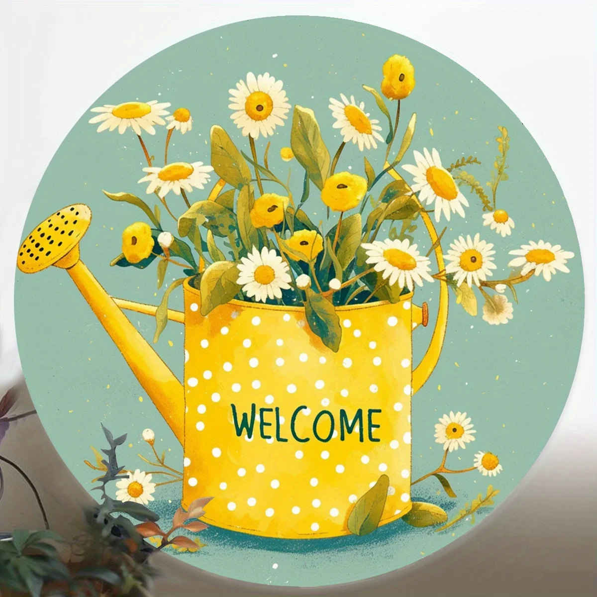 1pc Vintage Farmhouse Welcome Sign - Rural Floral Decor with Yellow Polka-Dotted Watering Can, White Daisies - Lightweight & Dur