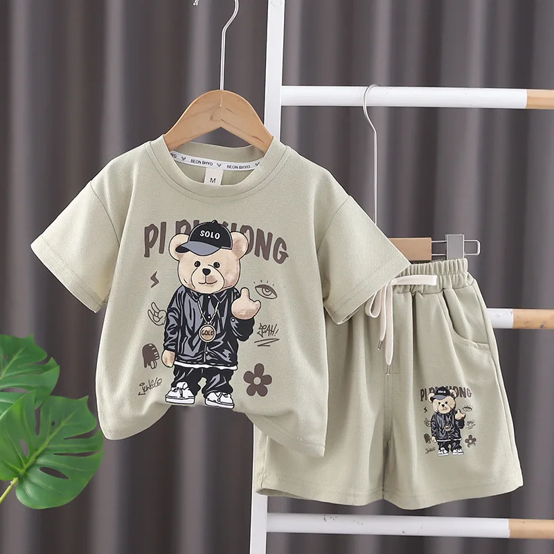 

Children's Summer Set Boys Korean New Cartoon Bear Short sleeved T-shirt+Shorts Set for Girls casual sports two-piece set