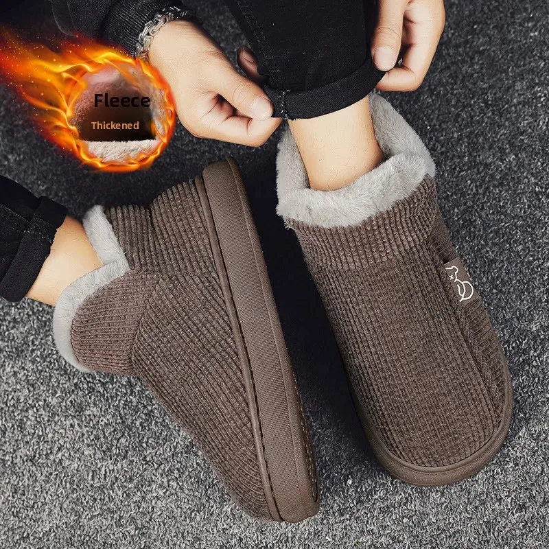 شباشب قطنية شتوية للرجال مع صوف داخلي وخارجي ومضاد للانزلاق شباشب على طراز الخبز الدافئ سهلة الارتداء من مادة الأحذية المطاطية