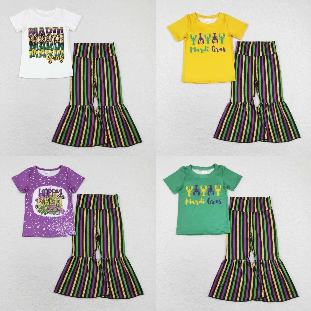 Wholesale Baby Girl Short Sleeves Shirts Clothes Toddler Children Stripes Bell Bottom Pants Crawfish Outfit Kids Mardi Gras Set